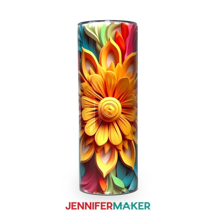 A skinny tumbler with a 3D floral sublimation design featuring a stylized sunflower.