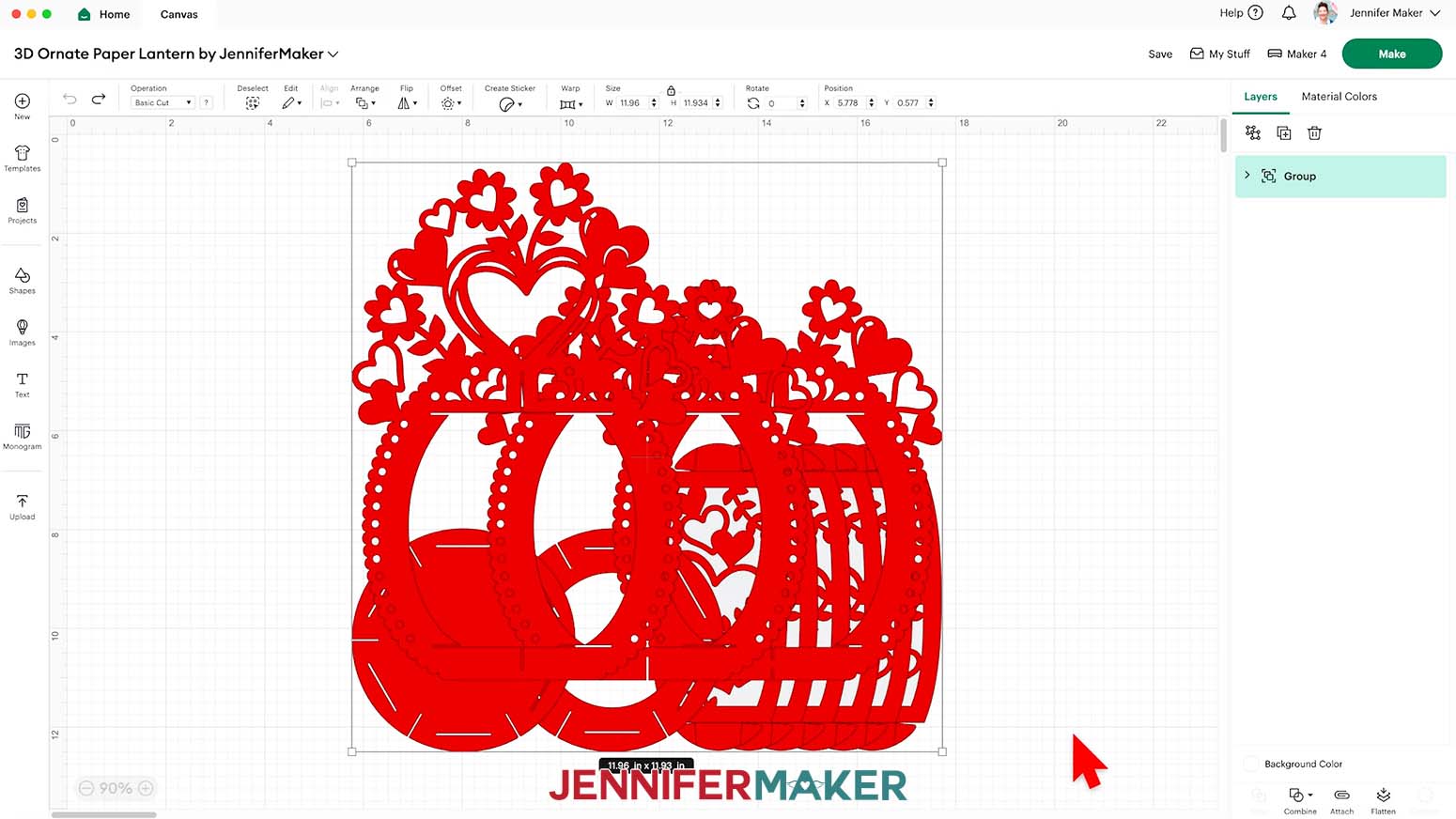 The 3D ornate paper lantern heart design on the Design Space Canvas.