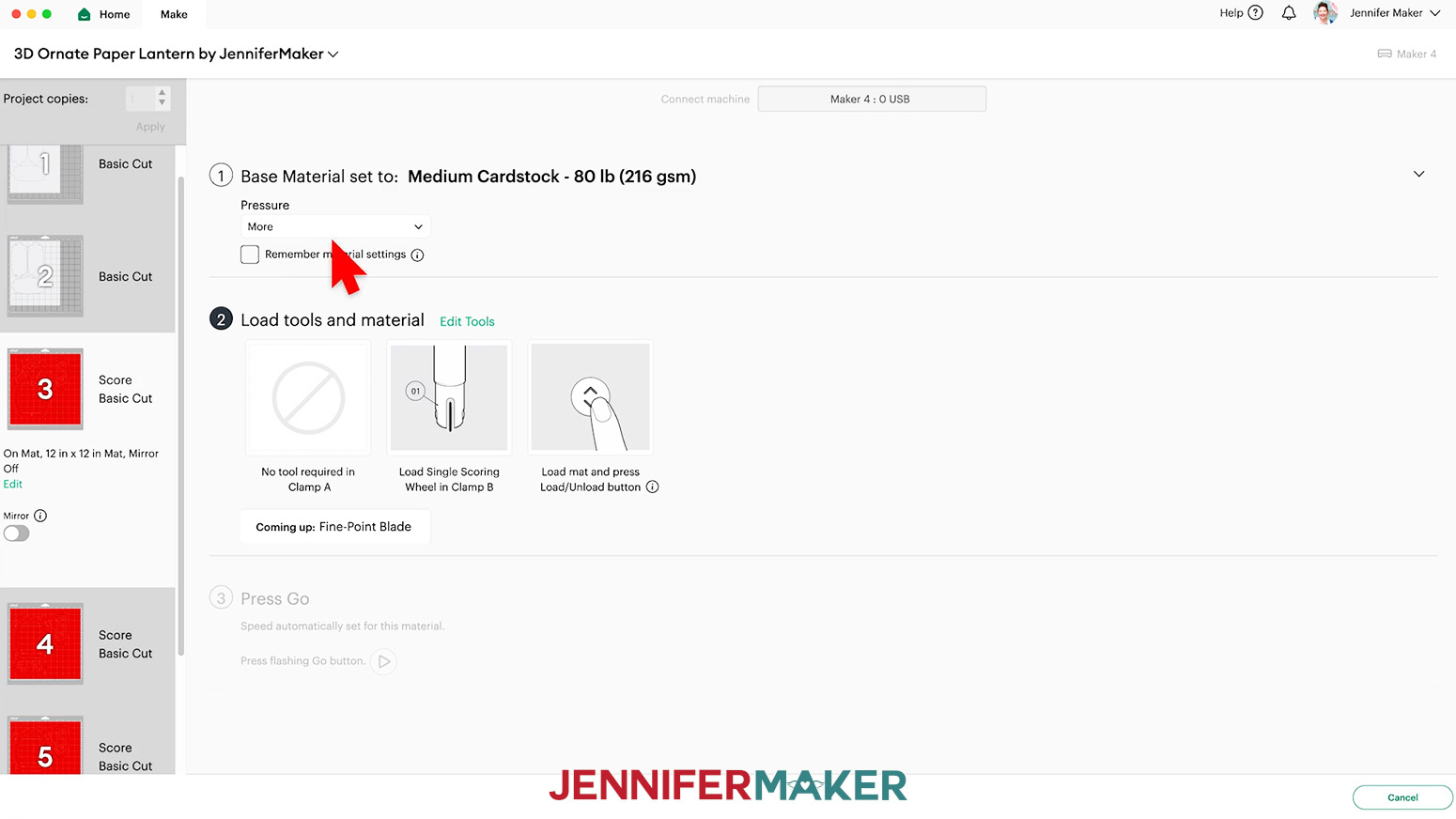 The “Medium Cardstock - 80 lb (216 gsm)” material setting with “More” pressure in Cricut Design Space.