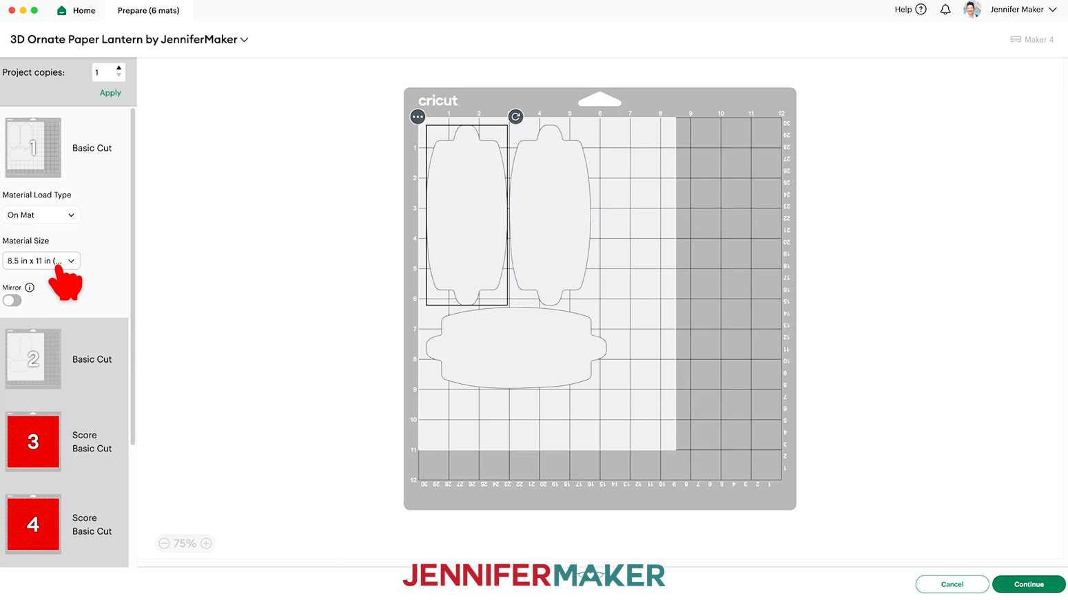 On the Prepare screen, select the “8.5 in x 11 in” Material Size for the gray vellum mat.