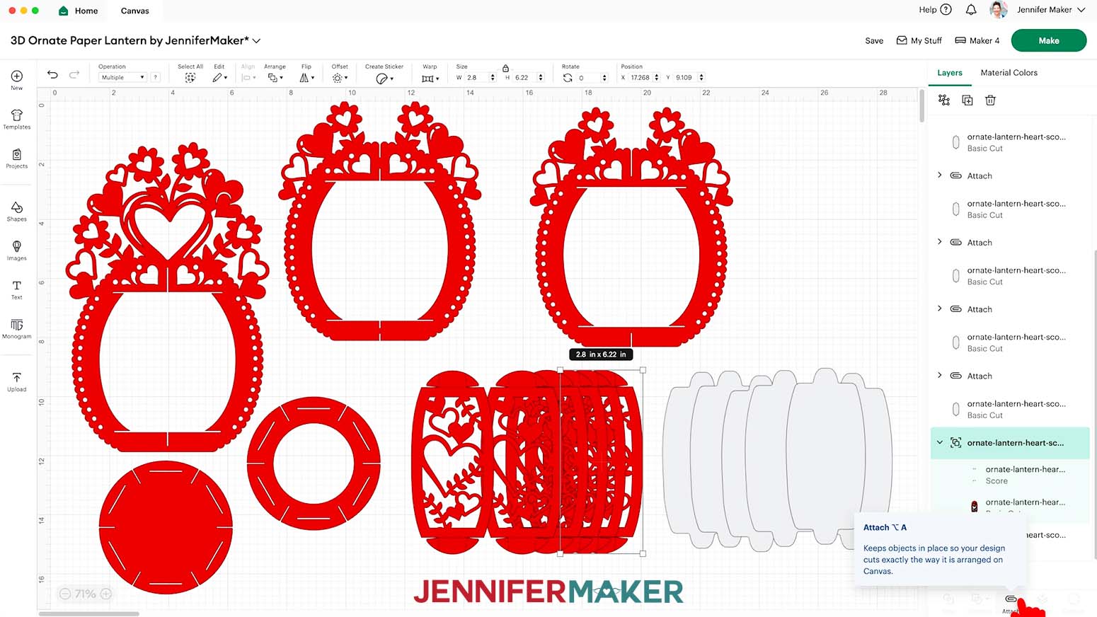 The 3D ornate paper lantern heart design ready to cut on the Design Space Canvas, with all score lines attached.