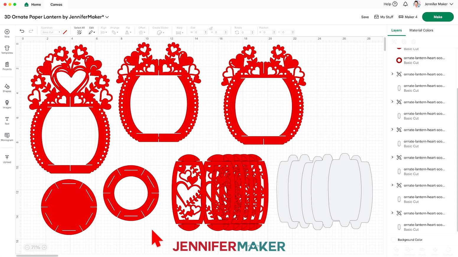 The 3D ornate paper lantern heart design on the Design Space Canvas. with the pieces ungrouped and spread out.
