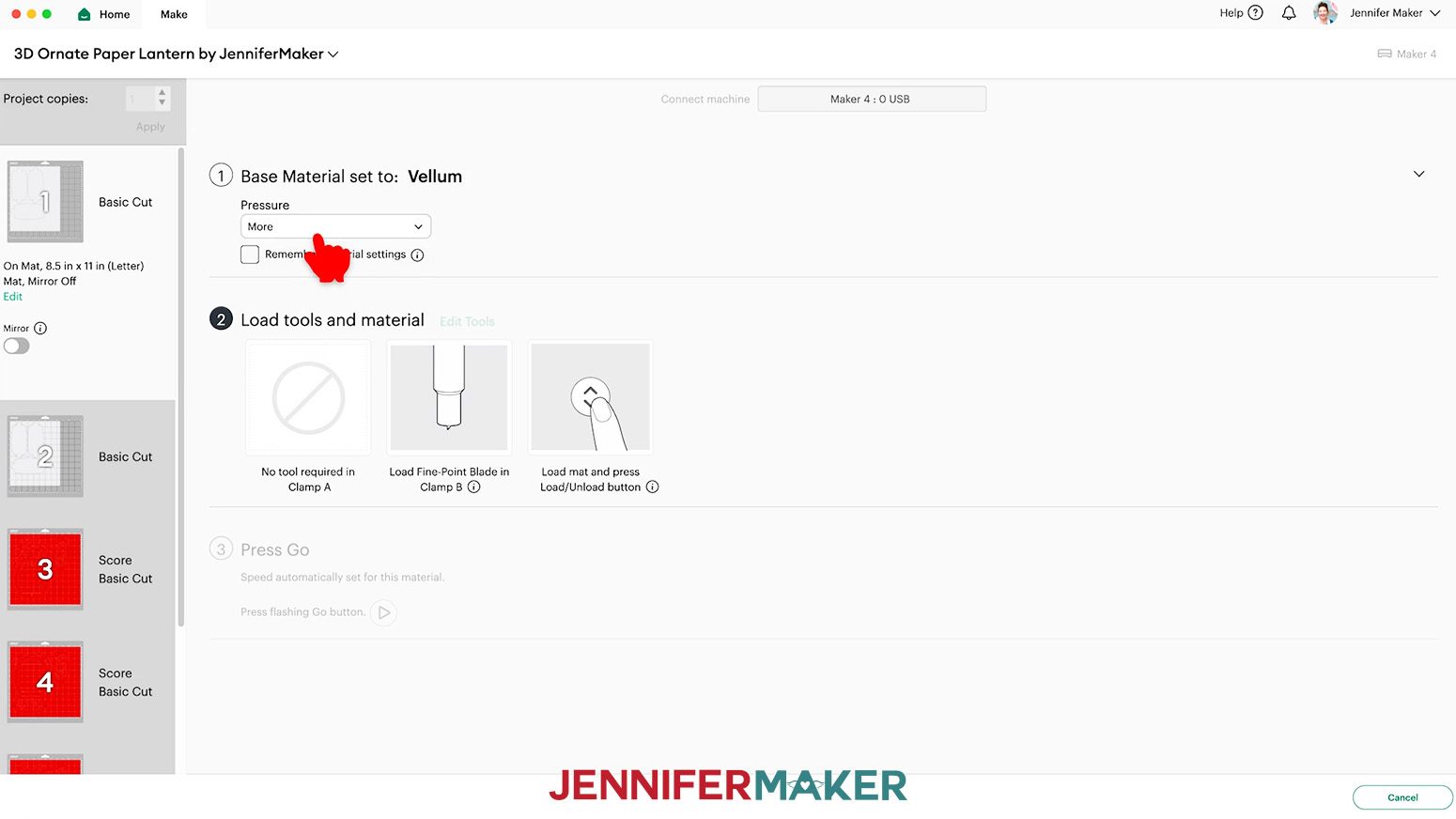 The “Vellum” material setting with “More” Pressure on the Make Screen in Cricut Design Space.