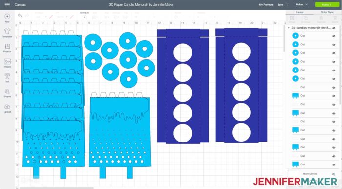 A 3D paper candle menorah SVG cut file uploaded to Cricut Design Space