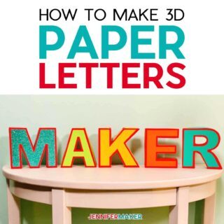 Decorative 3D Paper Letters on a wooden table spelling MAKER below the text "How to Make 3D Paper Letters"