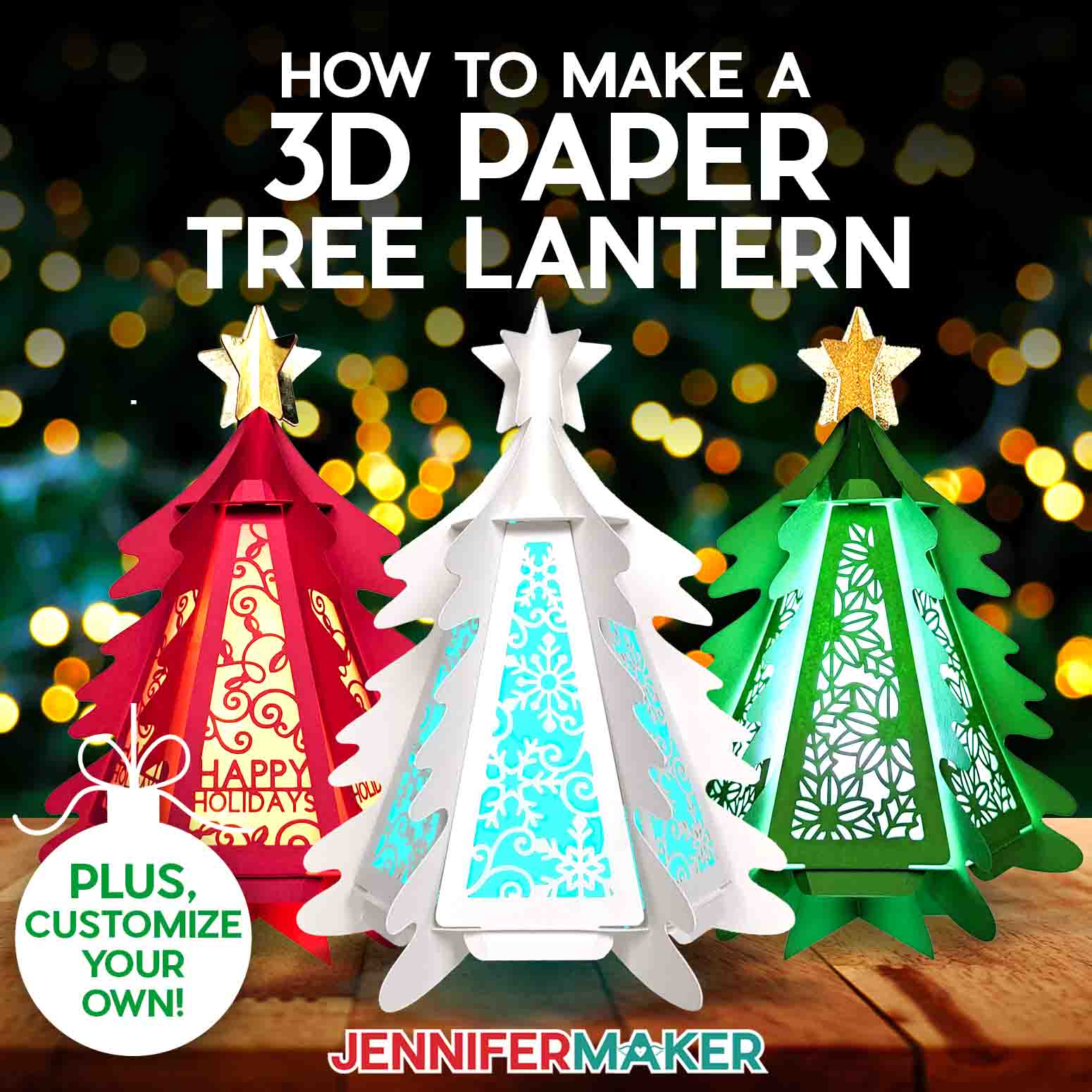 Learn how to make a 3D paper tree lantern with JenniferMaker's tutorial! Three cardstock trees sit illuminated against a background lit with Christmas lights.