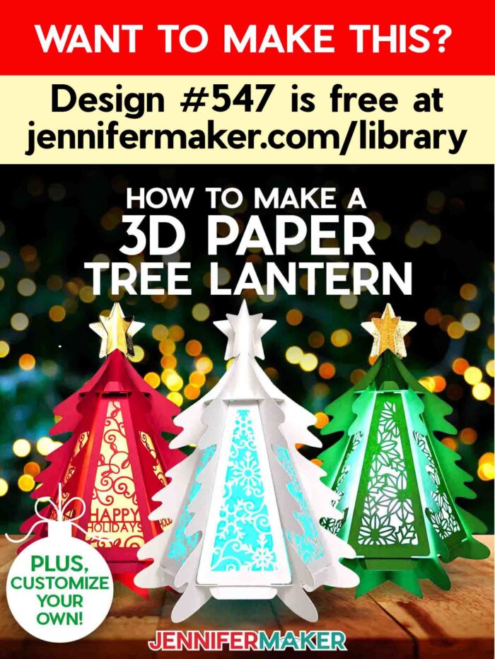 Learn how to make a 3D paper tree lantern with JenniferMaker's tutorial! Three cardstock trees sit illuminated against a background lit with Christmas lights. Want to make this? Design #547 is free at jennifermaker.com/library.