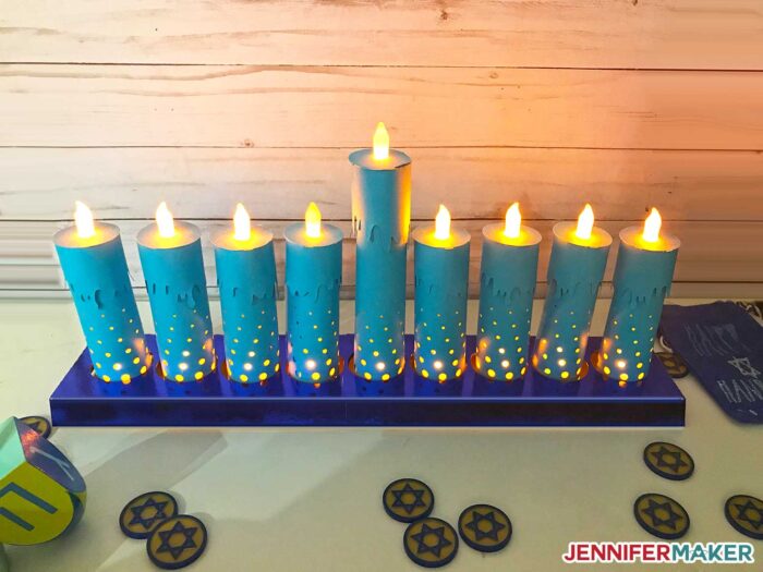 Paper Menorah made with 3d paper candles cut on a Cricut