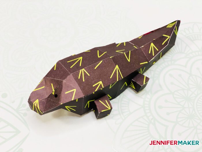 3D paper crocodile papercraft made from black and green cardstock