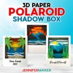 Three Polaroid Shadow Box projects made of colored cardstock, one of a beach and two of mountains, on display