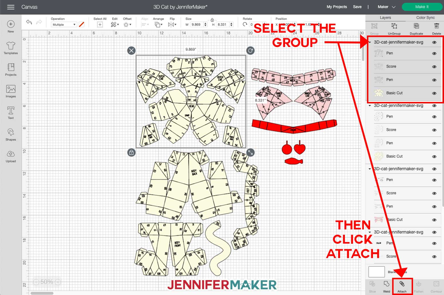 Attaching a group in Cricut Design Space