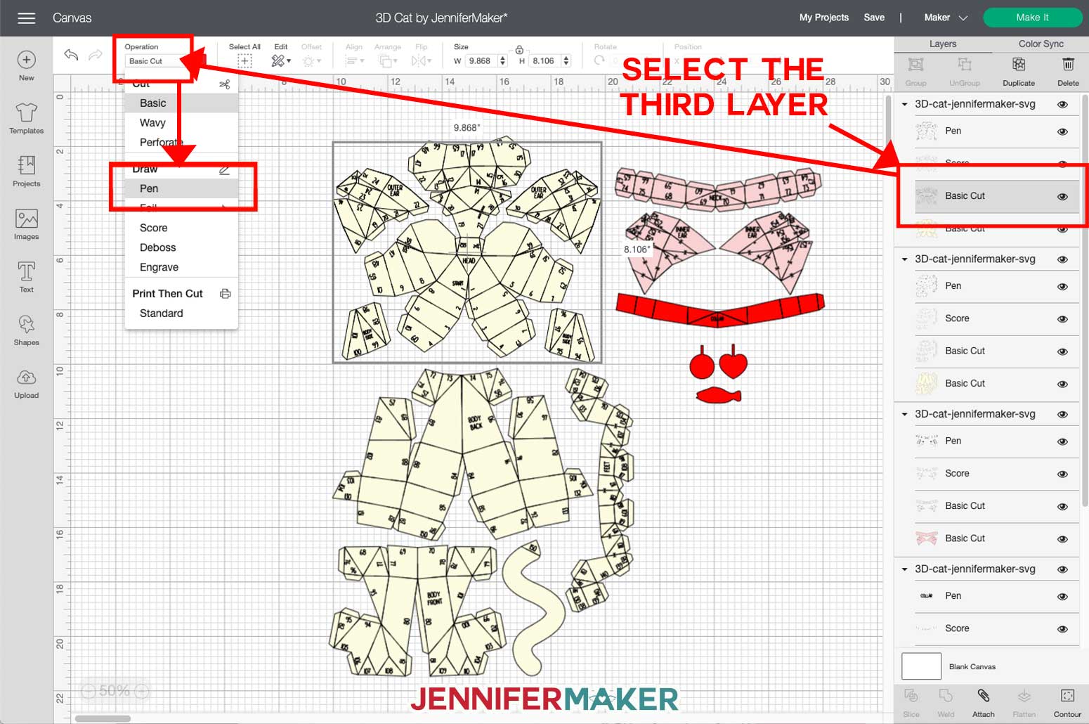 Changing a cut layer to pen on the 3D Cat in Cricut Design Space