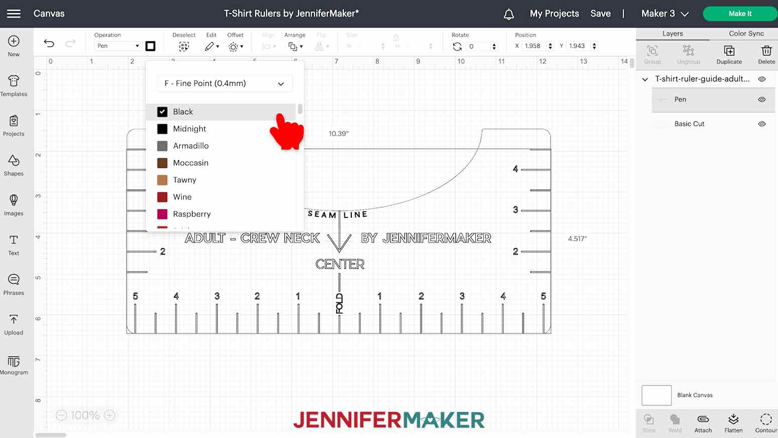 The Cricut Design Space Canvas with the Adult Crew-Neck T-Shirt Ruler, highlighting where to select the 'Pen’ 'Operation', color, and thickness.