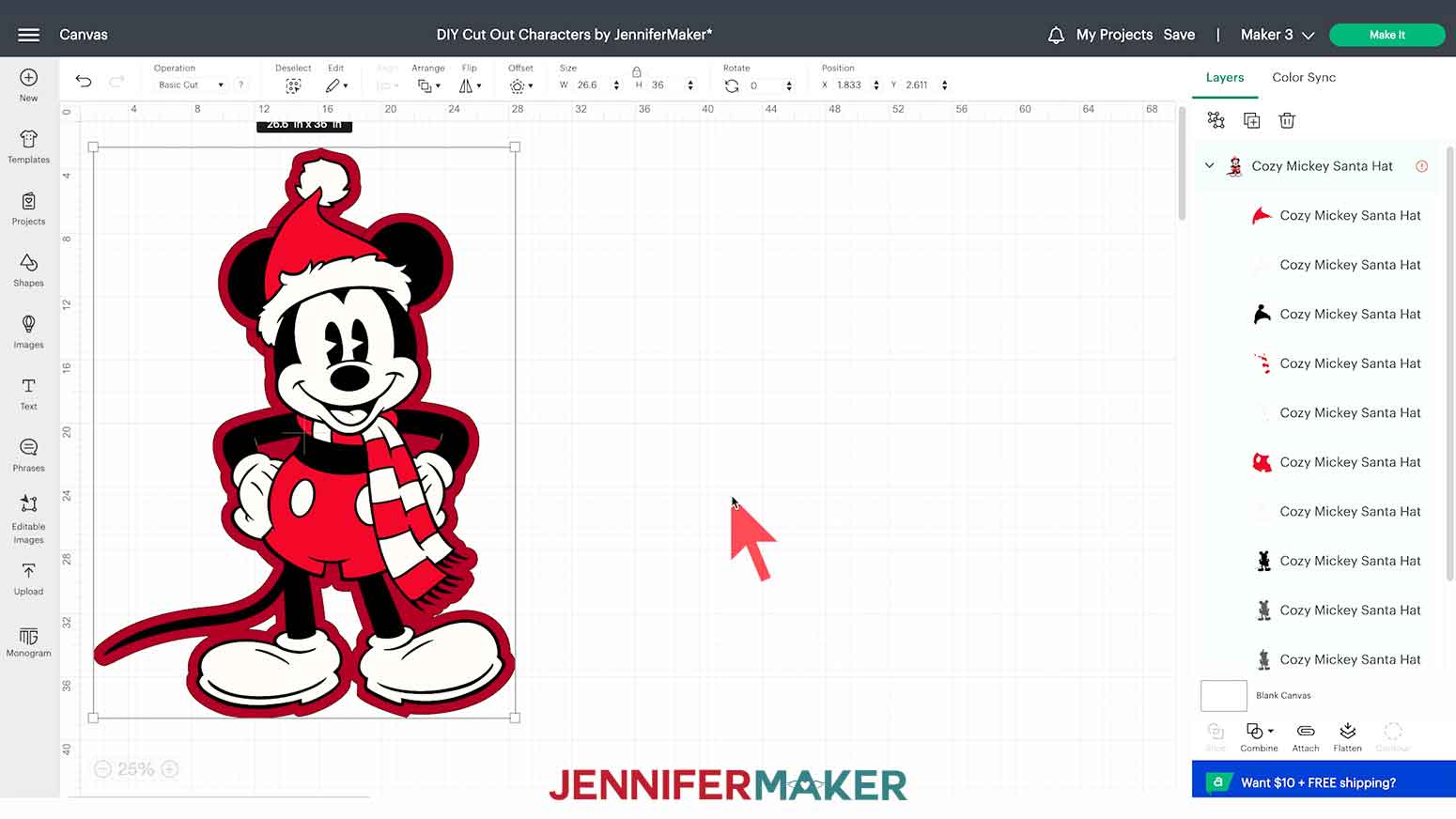 Santa Mickey SVG is shown on the Cricut Design Space Canvas to be used to make a DIY Cut Out Characters.