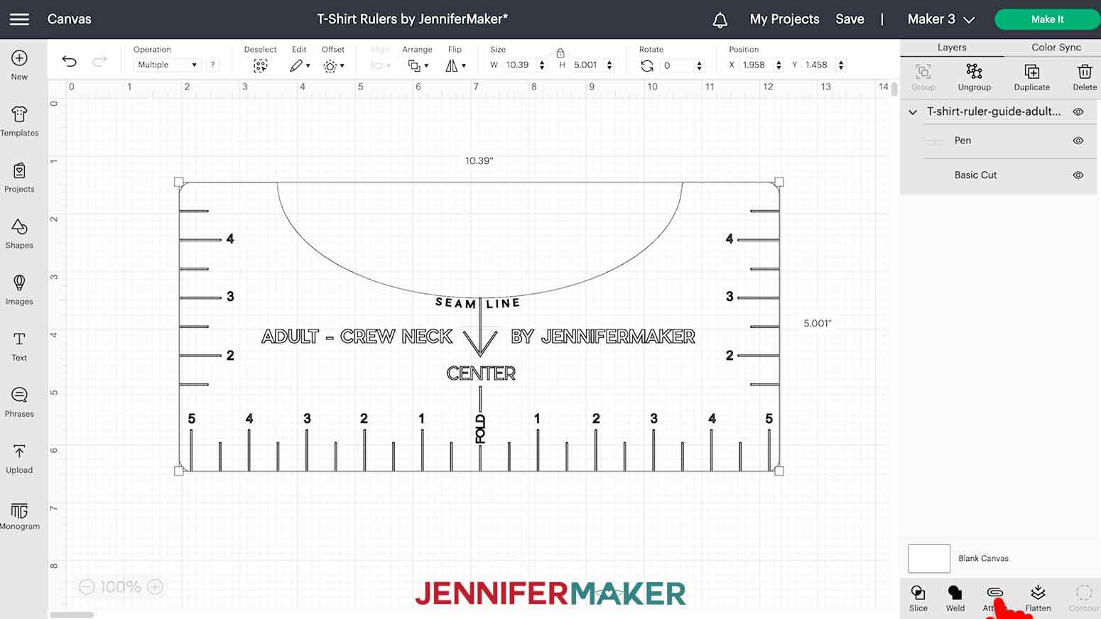 The Cricut Design Space Canvas with the Adult Crew-Neck T-Shirt Ruler with a bounding box over the ruler, then clicking "Attach" to keep the layers together during cutting.