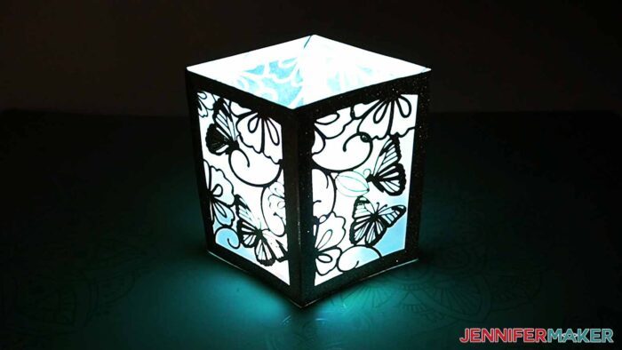 Paper tea light holder with butterflies in blue cardstock