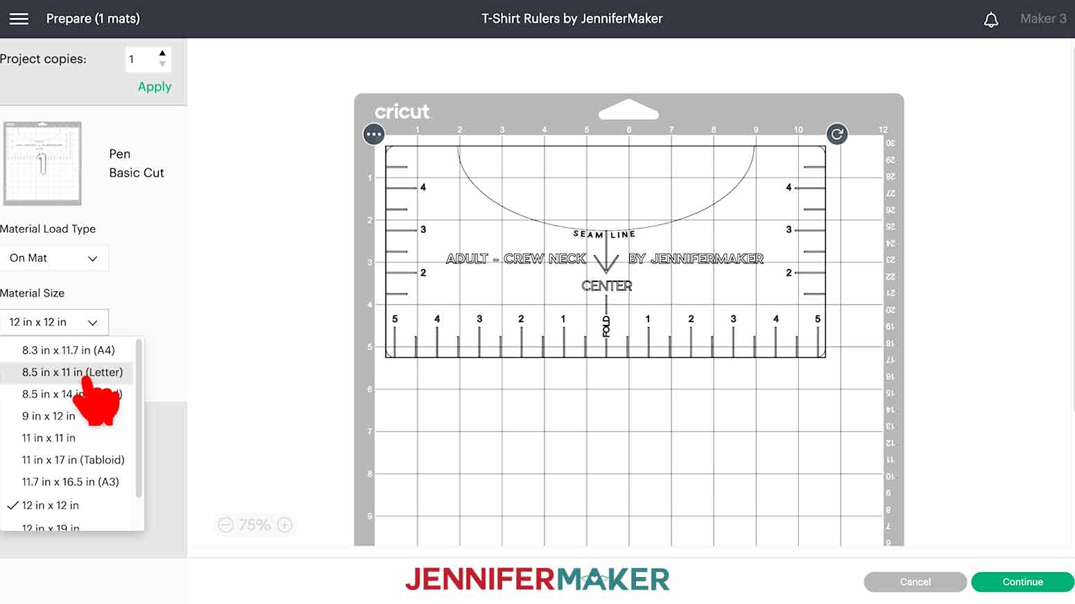 Changing the Material Size to eight-and-a-half by eleven on the 'Make It' screen in Cricut Design Space with the Adult Crew-Neck T-Shirt Ruler.