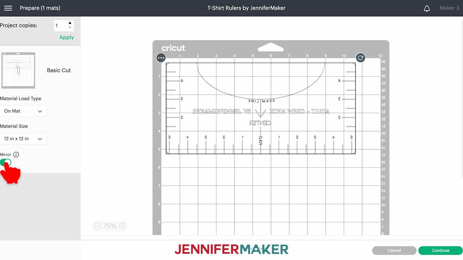 The Cricut Design Space Prepare screen with the Adult Crew-Neck T-Shirt Ruler being mirrored in order to cut on the plastic chopping mat.