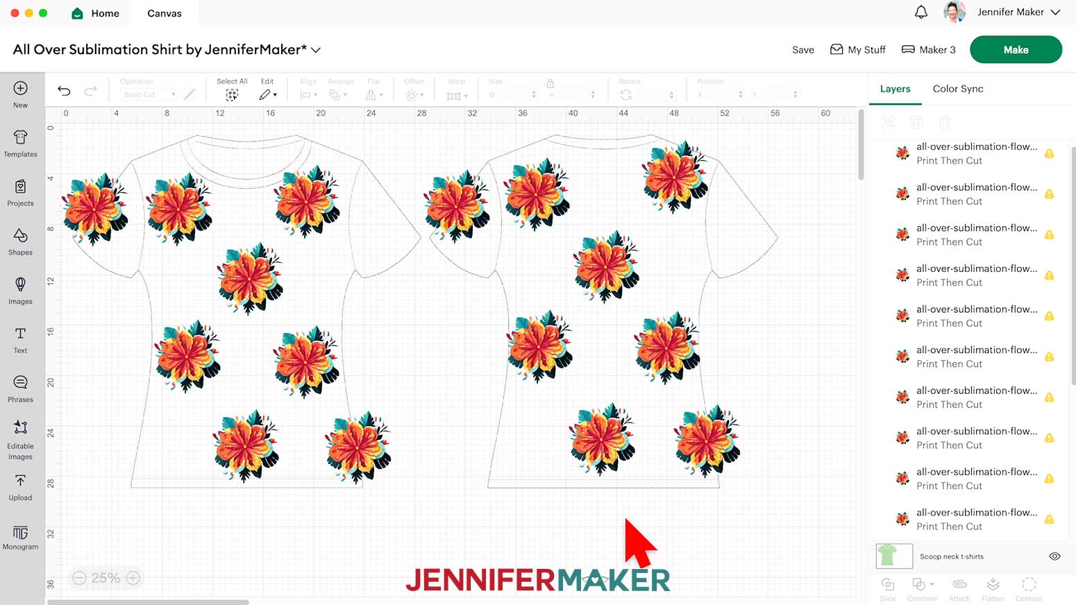 Click the “Duplicate” icon to make the amount of design repeats you want for the shirt. I will create 20 designs to cover my shirt’s front and back.