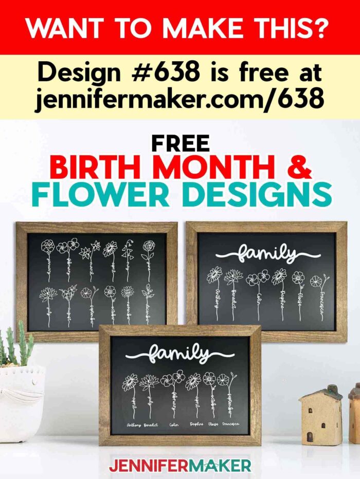 Want to make a Flower Word project? Design #638 is free at jennifermaker.com/638. Three chalkboard style plaques with white Flower Word designs added in adhesive vinyl hang on a white wall.