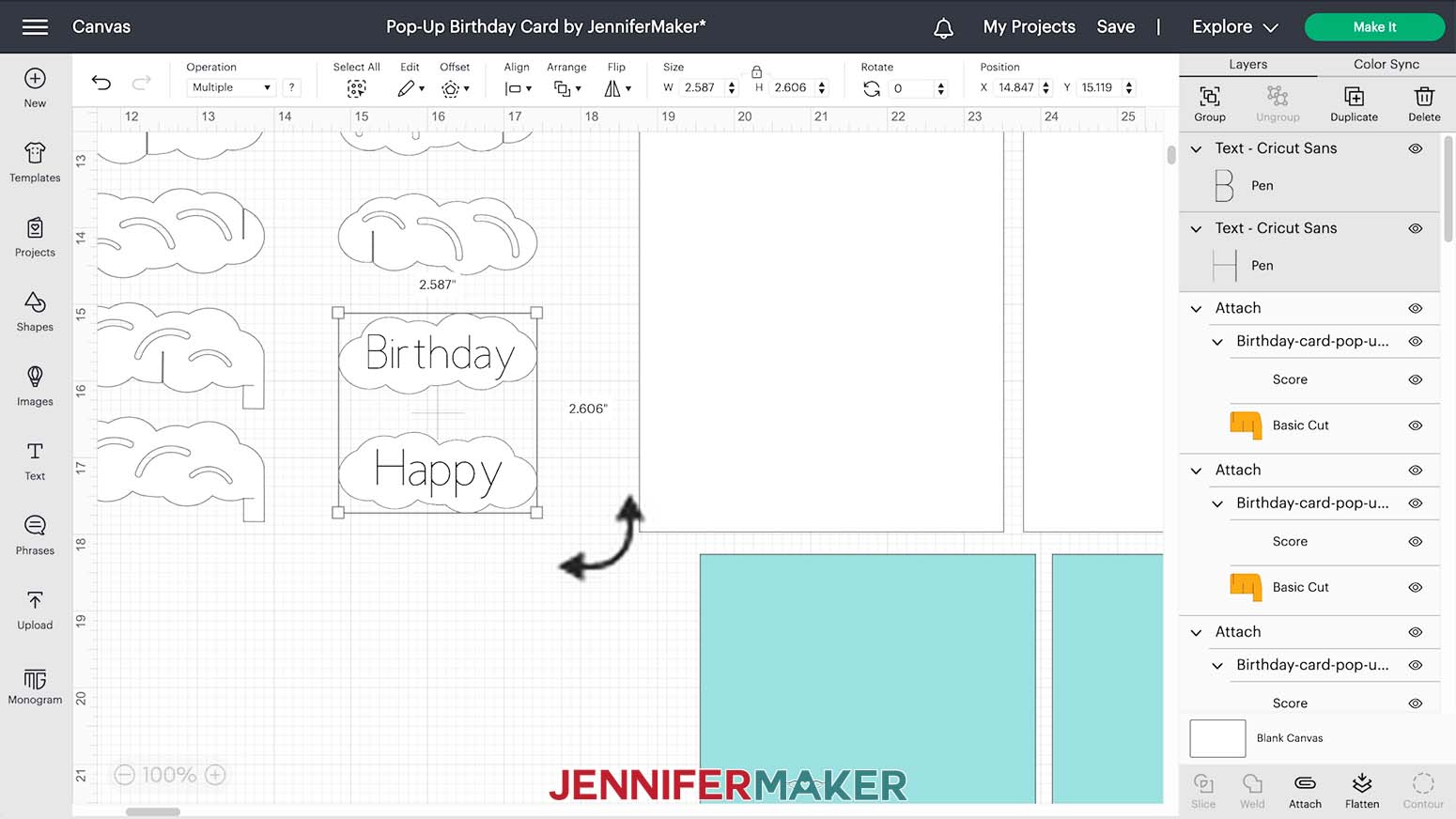 Image showing to attach the text to the clouds for the birthday card pop up.