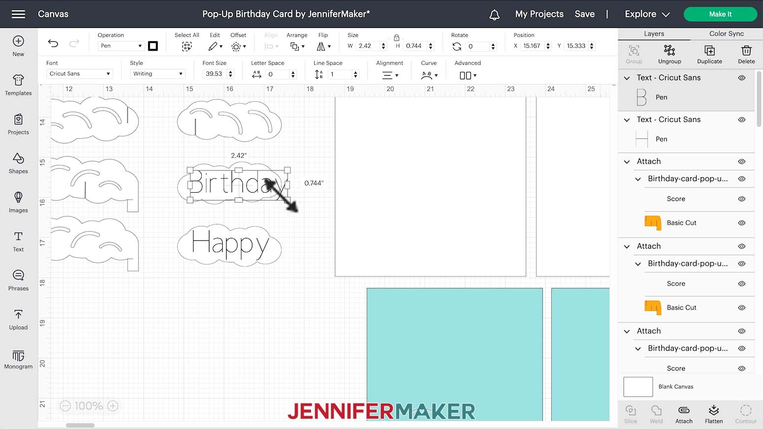 Image showing resizing and centering the word Birthday on a blank cloud in Design Space for the birthday card pop up.
