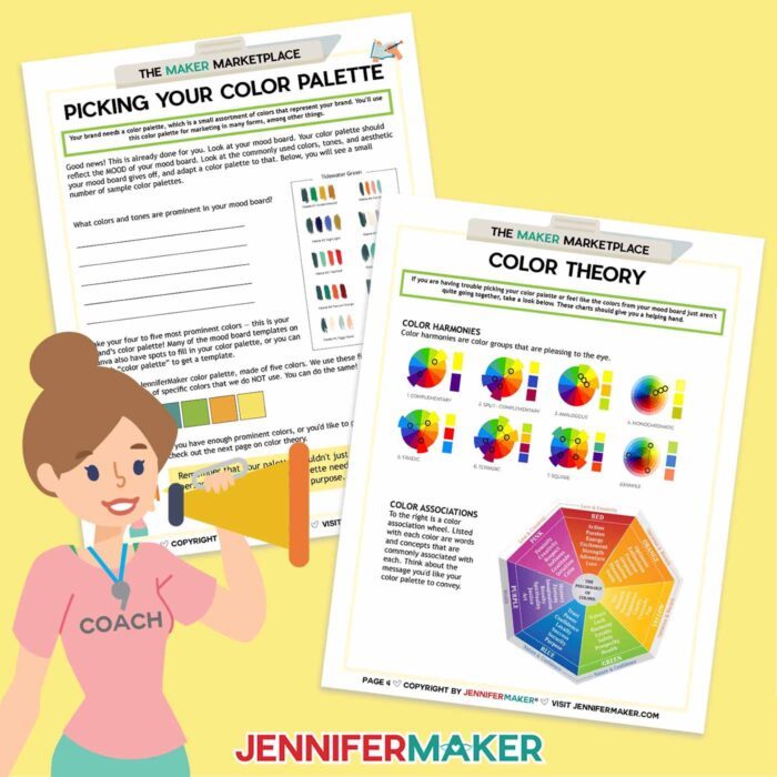 Two sample pages of the Maker Marketplace book by Jennifer Maker, "Picking Your Color Palette" and "Color Theory." Get them free in my Best Canva Tools For Business post