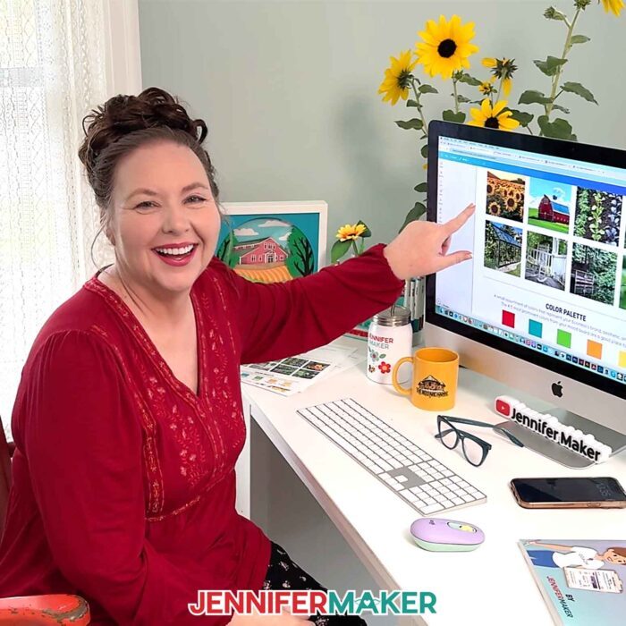 Jennifer Maker showing the Canva interface on her computer.