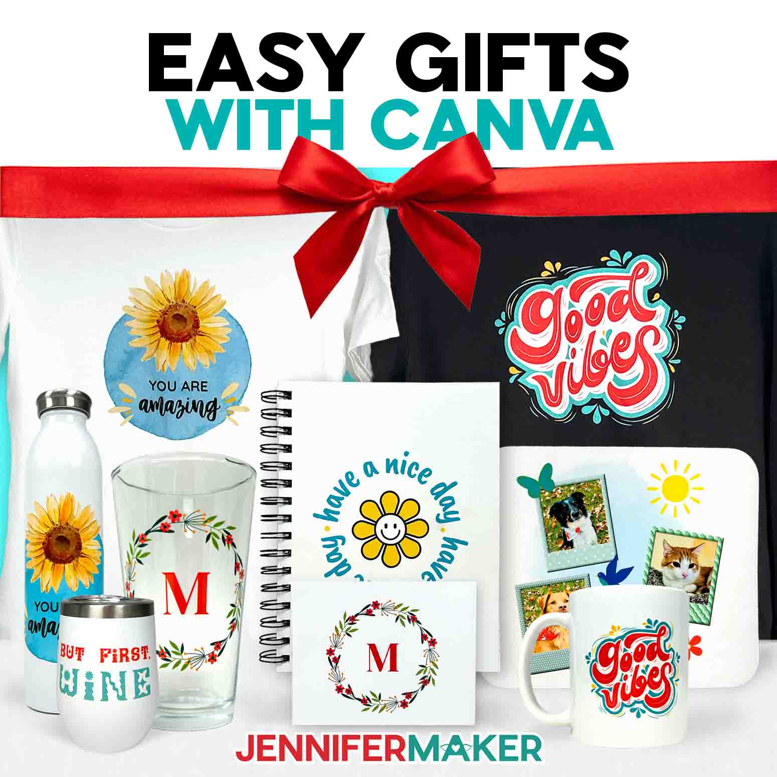 A collection of Canva Gifts you can make, like a notebook, wine tumbler, mug, mousepad, and more, with fun designs