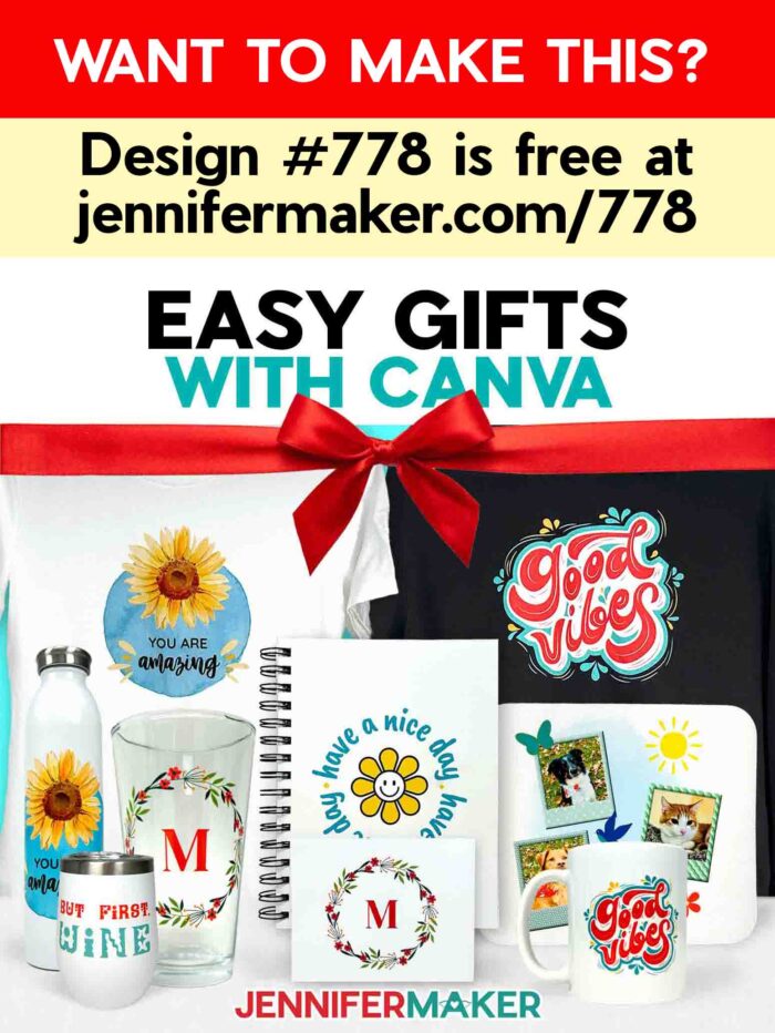 A collection of Canva Gifts you can make, like a notebook, wine tumbler, mug, mousepad, and more, with fun designs. Want to make these? Design #778 is free at jennifermaker.com/778