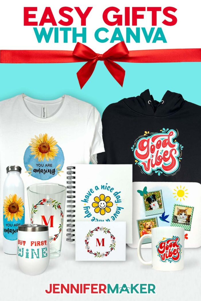 A collection of Canva Gifts you can make, like a notebook, wine tumbler, mug, mousepad, and more, with fun designs. Make your own with JenniferMaker's free files and tutorial