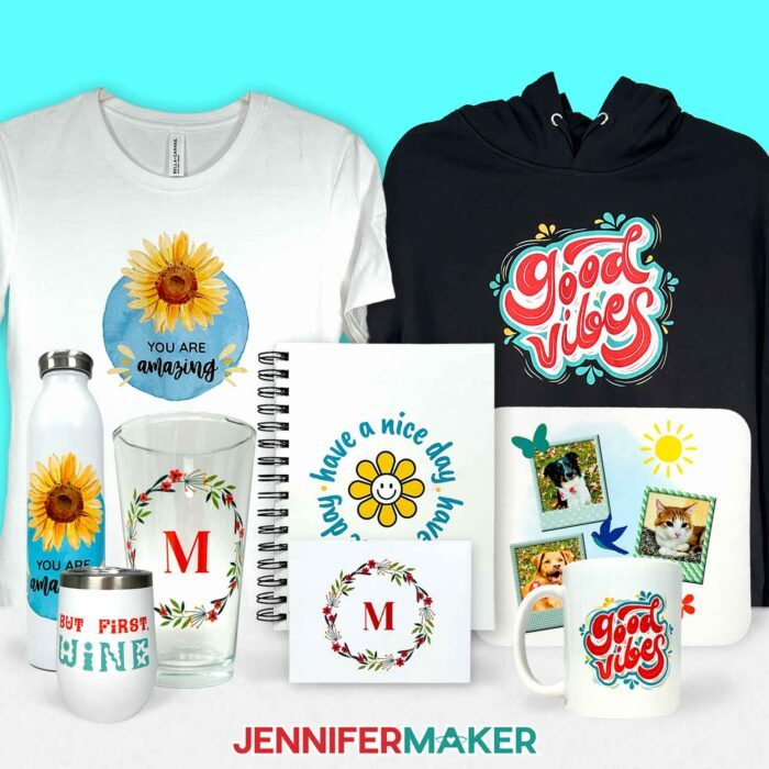 A variety of personalized gifts created in Canva! Clothing, drinkware, stationery, and office supplies with bright designs are displayed.