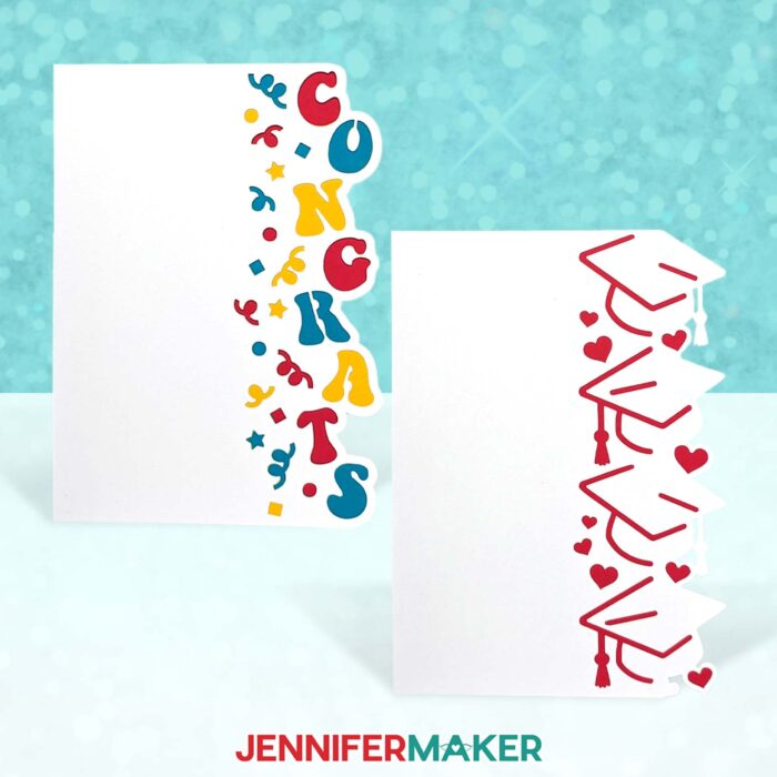 Create Celebration Side Edge Cards with JenniferMaker's tutorial! Four side edge cards with congrats and graduation caps. 