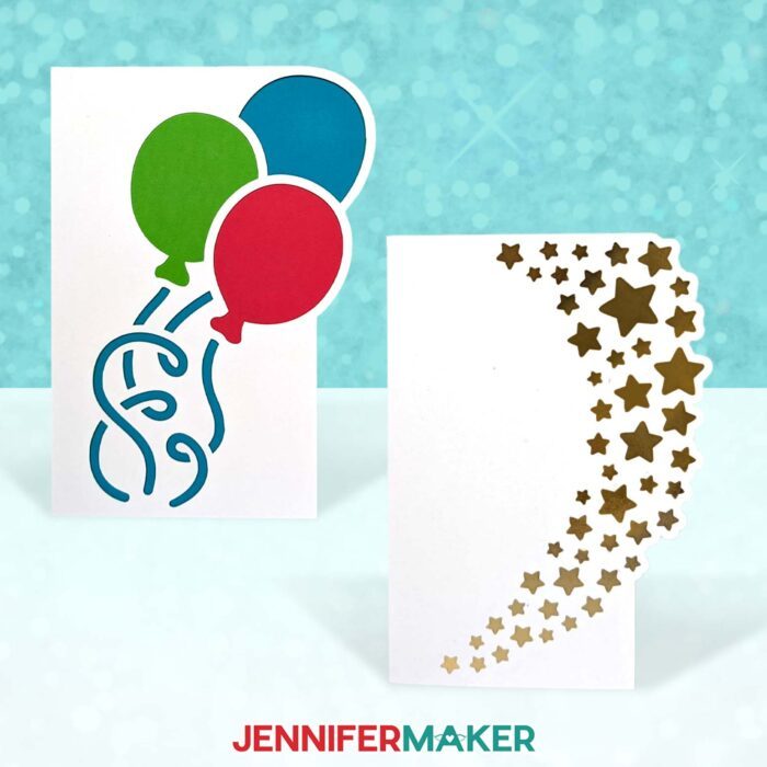 Create Celebration Side Edge Cards with JenniferMaker's tutorial! Four side edge cards with balloons and stars.