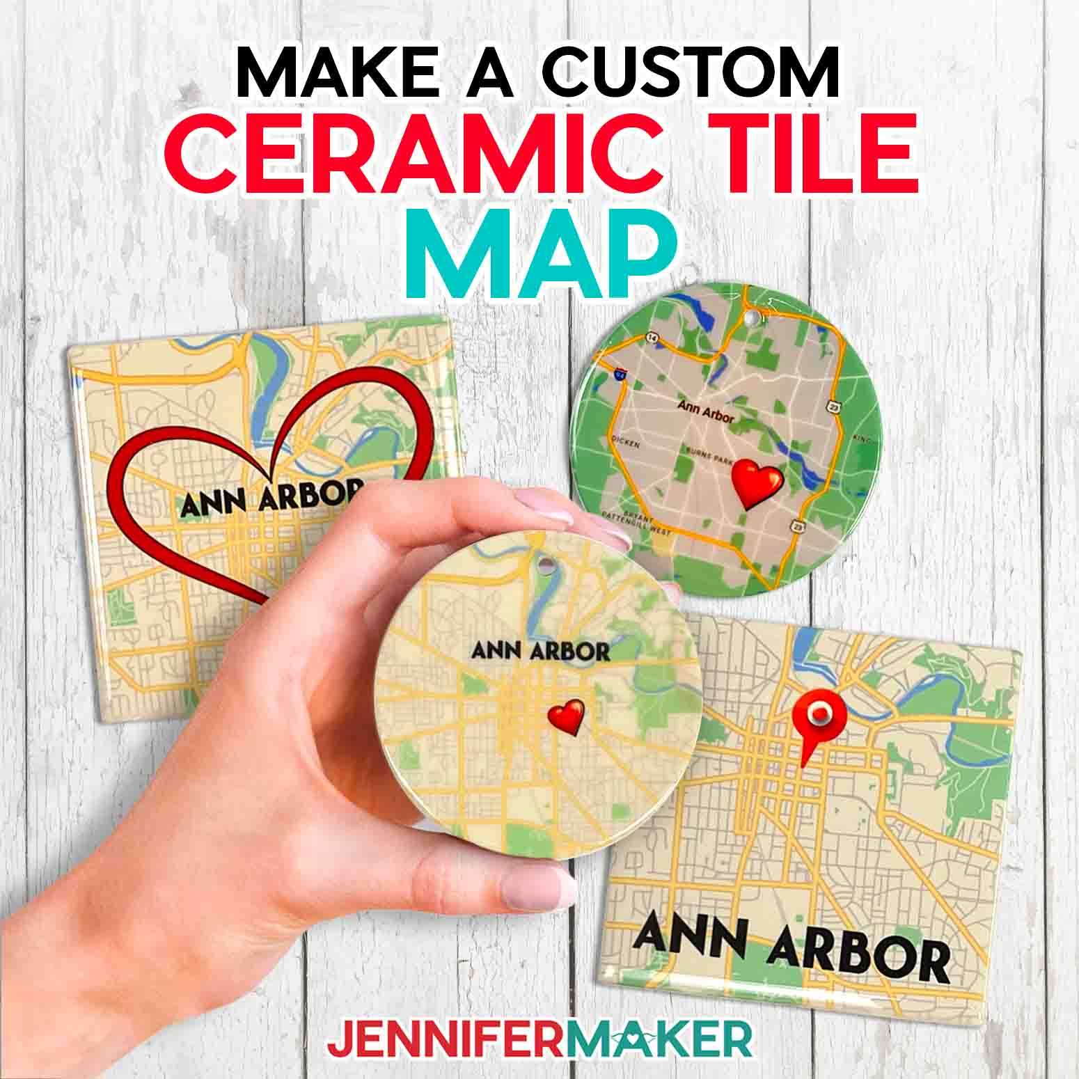 Make a custom ceramic tile map with sublimation with Jennifer Maker's tutorial! Image description: Three ceramic tile maps sit on a white wood surface, with one held close to the camera to show detail. Maps are of Ann Arbor, Michigan, and feature cute heart icons you can add in Cricut Design Space.