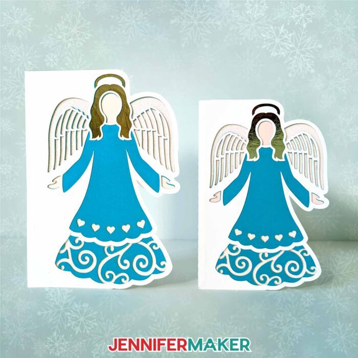 Cut smaller versions of the Christmas Side Edge Cards on the Cricut Joy. Two multi-layered angel cards sit side-by-side on a wintry surface