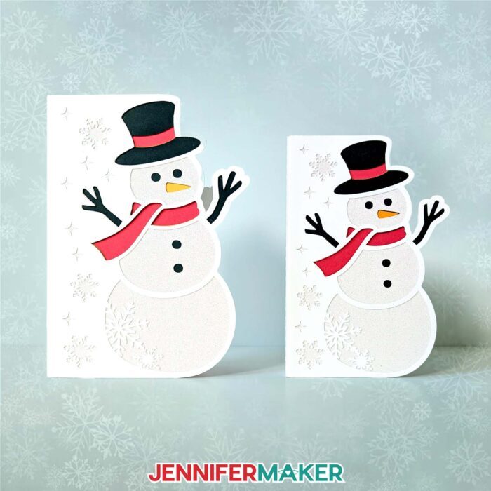 Two Christmas Side Edge Cards in a snowman design, one full-size and one small enough to be cut on a Cricut Joy