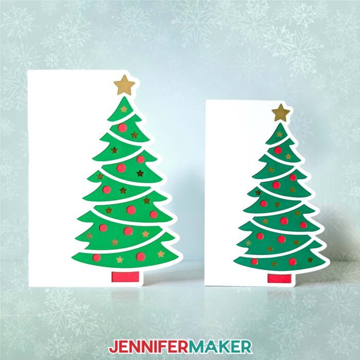 Christmas Side Edge Cards with Christmas tree designs and multiple layers for different color combinations, in full-size and Cricut Joy-sized versions