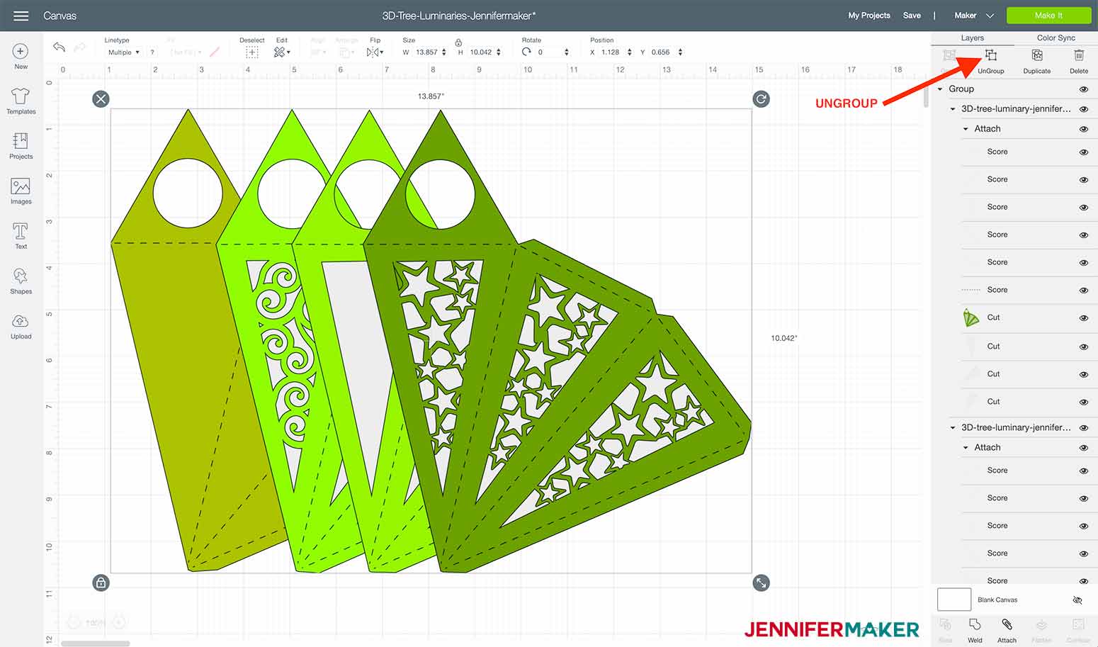 to begin you need to ungroup the design in design space for my Christmas Tree Luminary