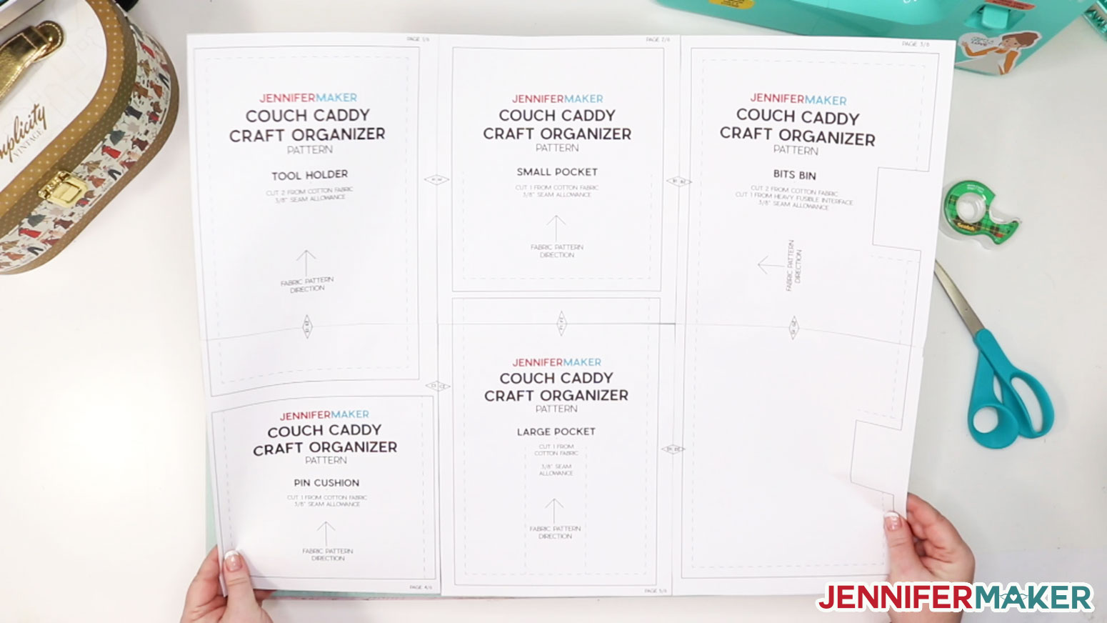 Couch Caddy craft organizer printable pattern taped together