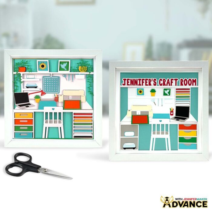 Learn to make a Craft Room Shadow Box Design! Two craft room shadow boxes full of colorful elements sit in white frames on display