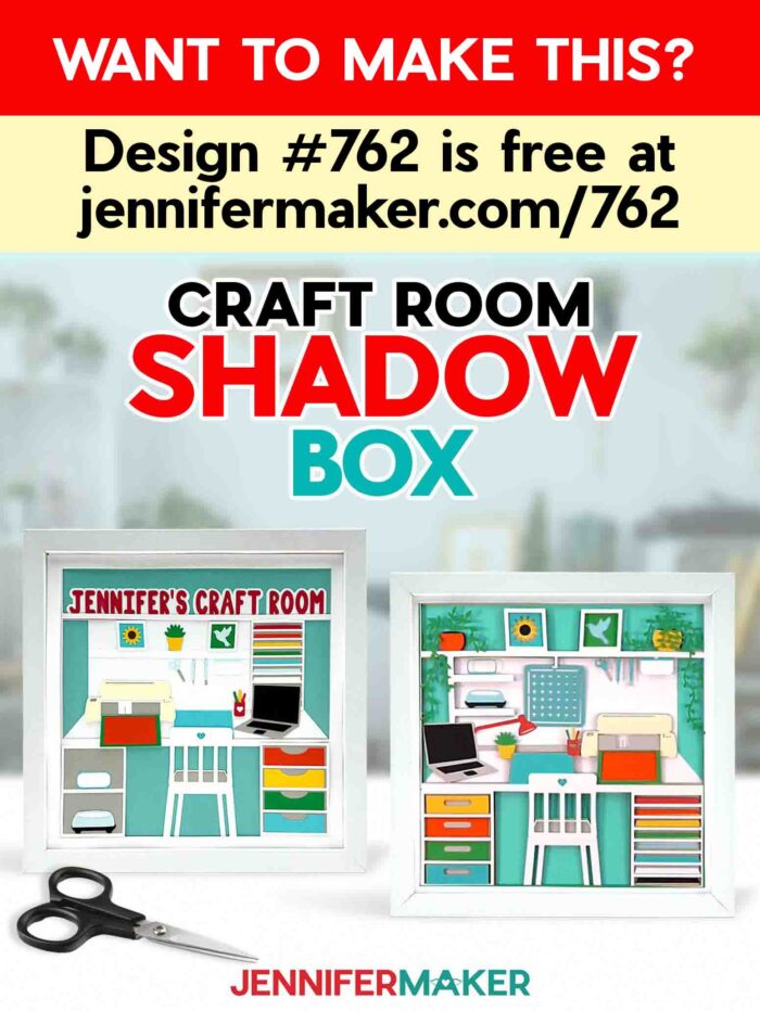 Learn to make a Craft Room Shadow Box Design! Two craft room shadow boxes full of colorful elements sit in white frames on display. Want to make this? Design #762 is free at jennifermaker.com/762
