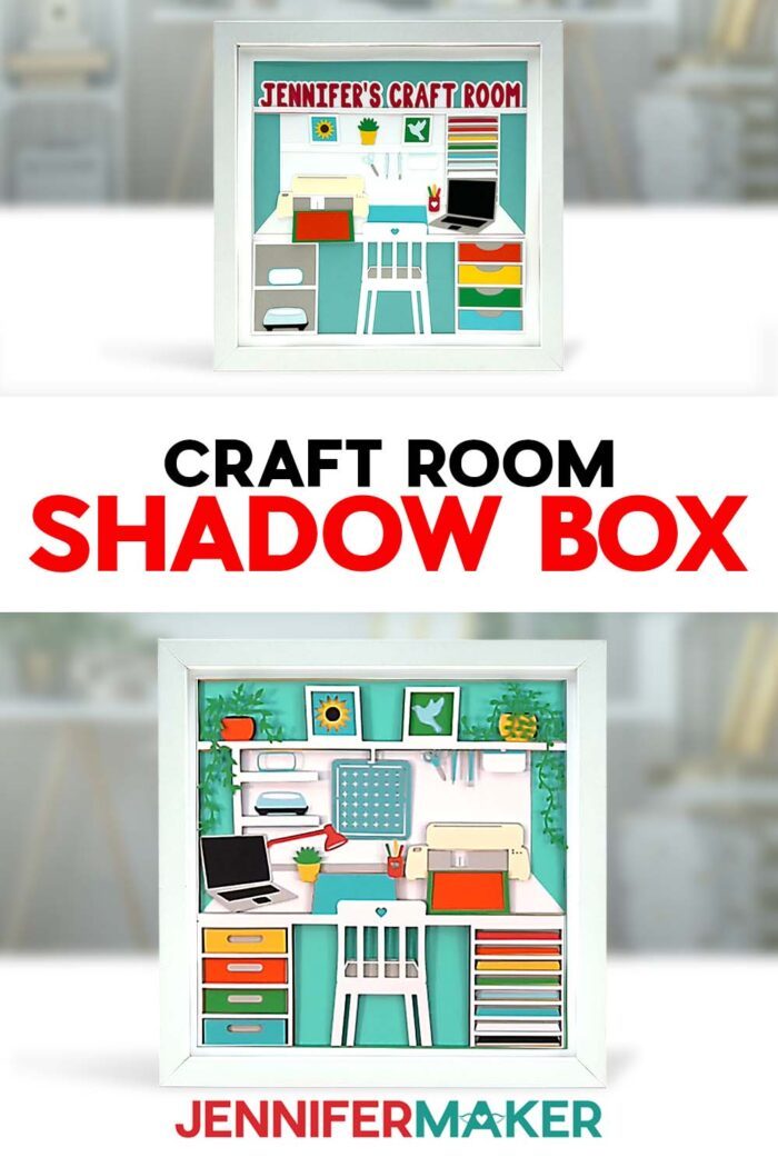 Learn to make a Craft Room Shadow Box Design! Two craft room shadow boxes full of colorful elements sit in white frames on display. Make your own with the free SVG file and tutorial