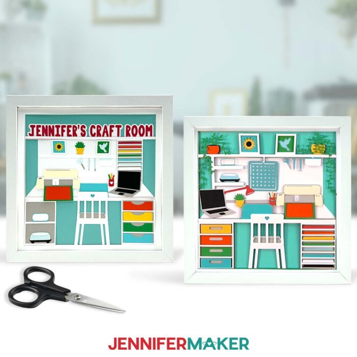 Learn to make a Craft Room Shadow Box Design! Two craft room shadow boxes full of colorful elements sit in white frames on display