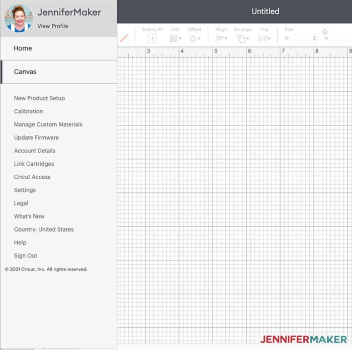 Setting menu in Cricut Design Space