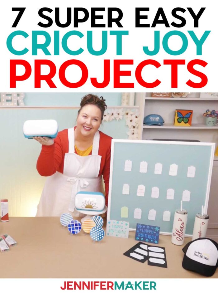 Jennifer Maker showing Cricut Joy cards, labels, a hat, tumbler, coasters, and more made with tutorials.