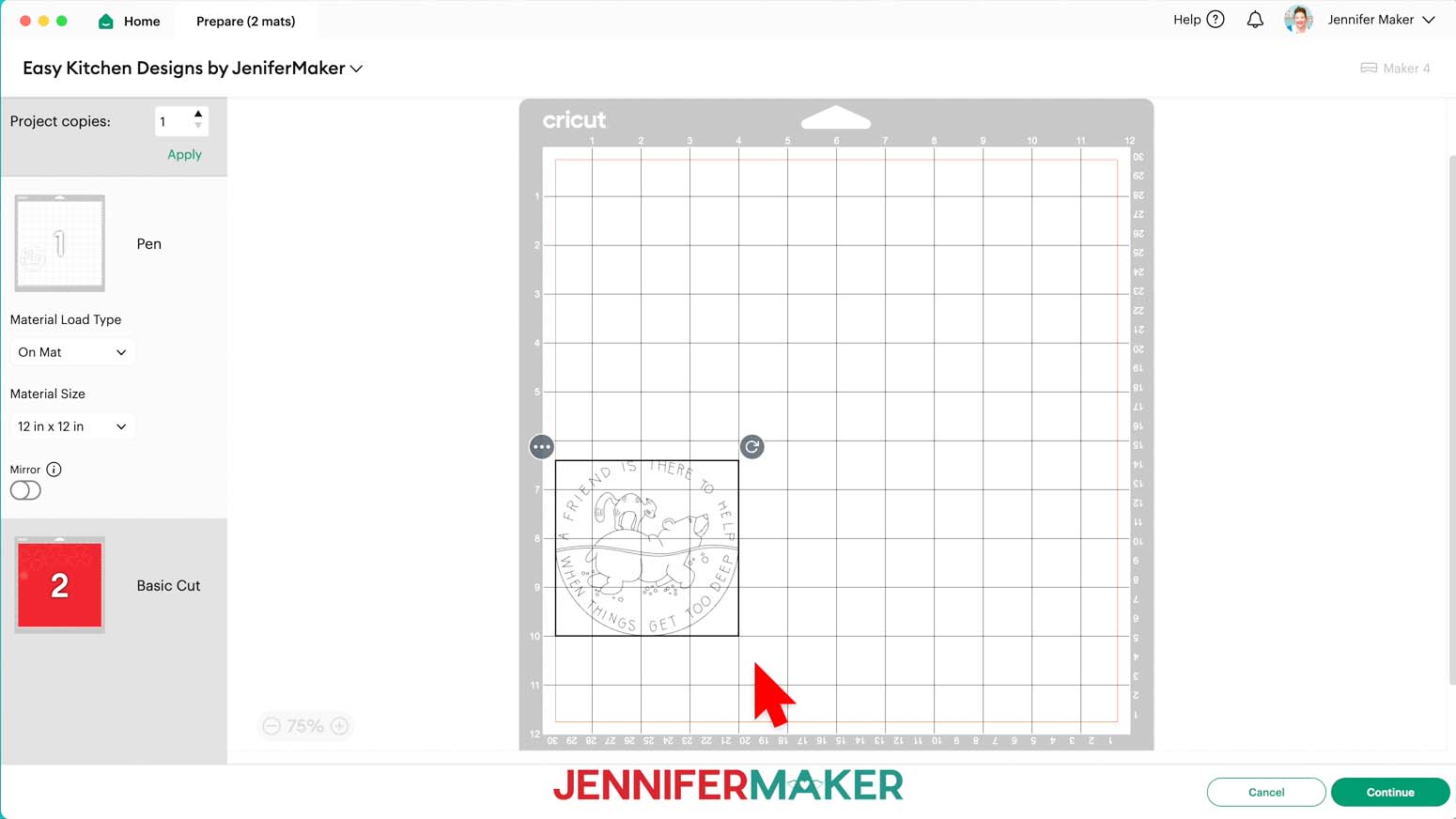 The Prepare screen in Cricut Design Space, showing a bear and cat Pen design for a card.