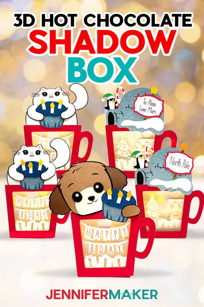 Make a Hot Chocolate Shadow Box with free SVG designs! Five variations on the dog, cat, and igloo birthday and holiday shadow box designs