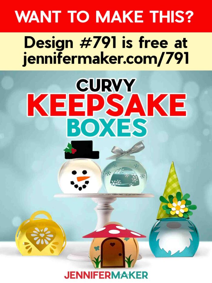 Collection of Curvy Keepsake Boxes on display, made of cardstock and featuring a mushroom house, a snowman, etc. Want to make this? Design #791 is free at jennifermaker.com/791