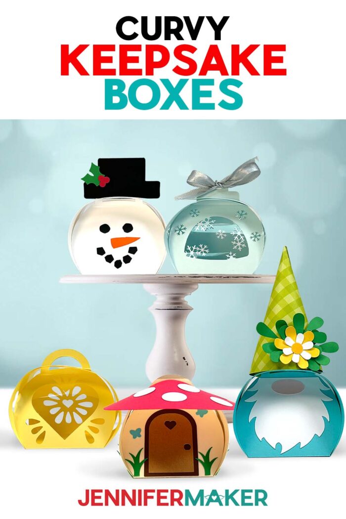 Collection of Curvy Keepsake Boxes on display, made of cardstock and featuring a mushroom house, a snowman, a gnome, and others. Make your own with the free tutorial and files!